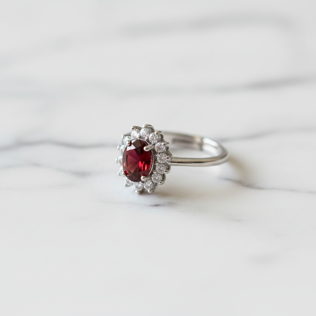 Anello granato su marmo bianco