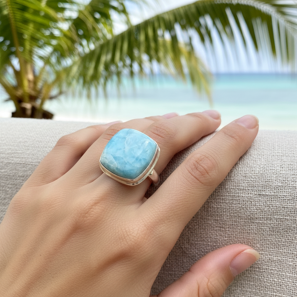 Anello Statement in Argento con Larimar Naturale Quadrato - indossato