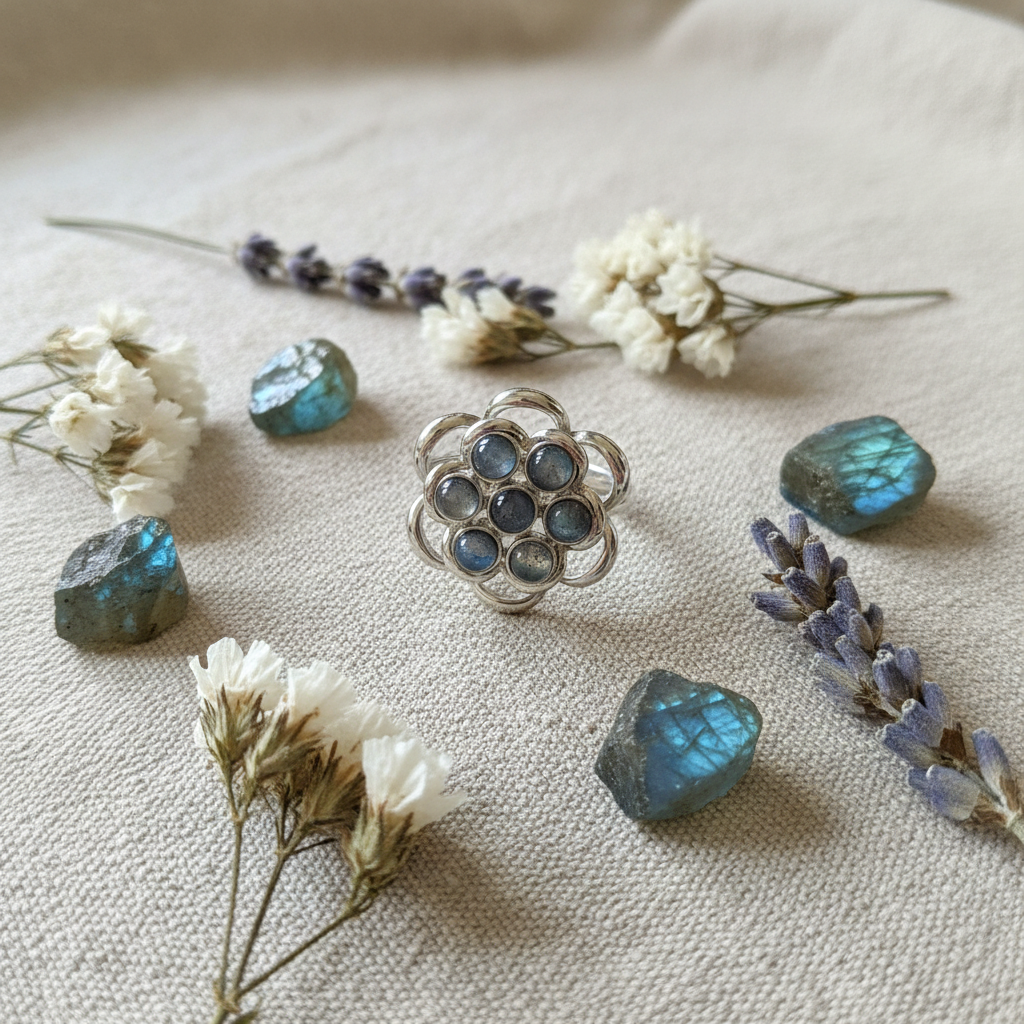Anello labradorite fiore composizione