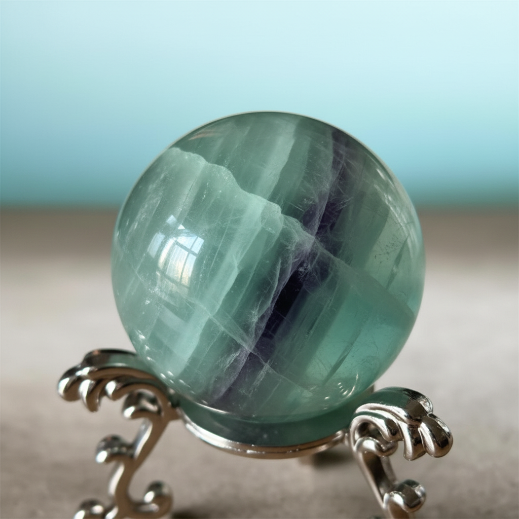 Sfera Fluorite Verde close-up texture trasparenza e bande