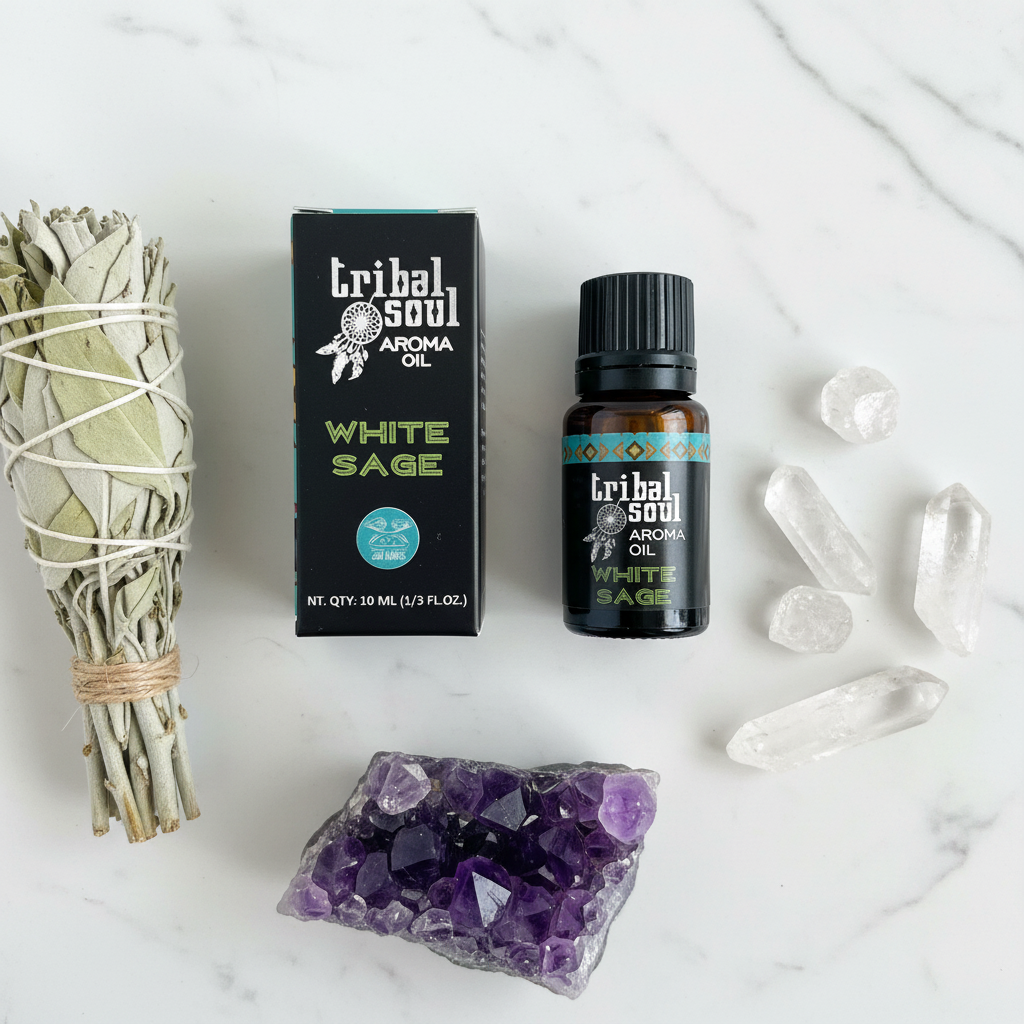 Olio aromatico Tribal Soul White Sage - flatlay su marmo con salvia e cristalli