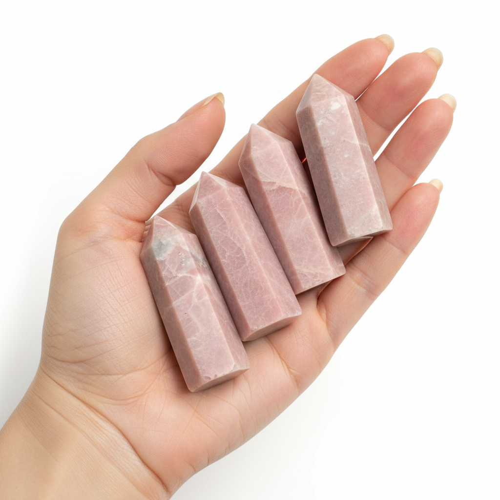 Obelischi opale rosa tenuti in mano