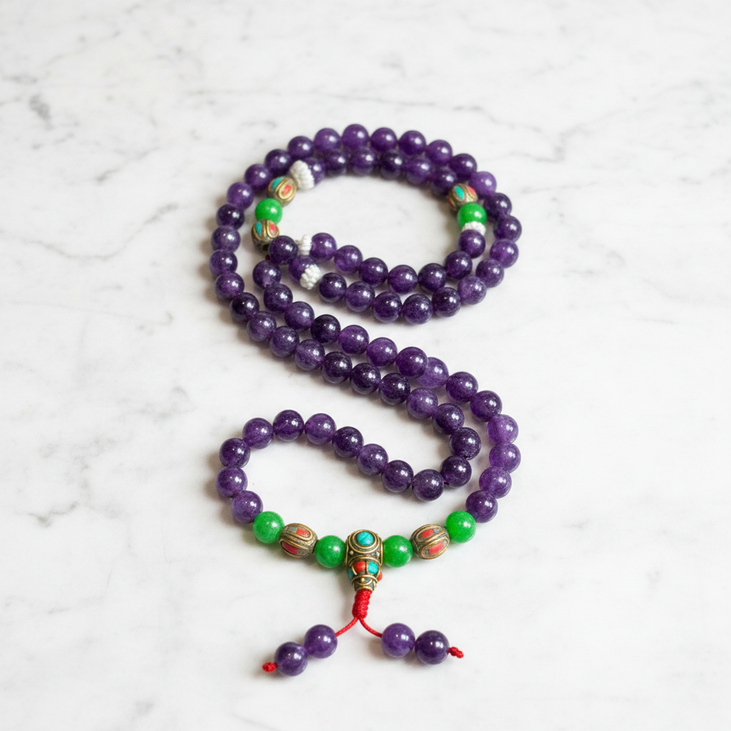 Mala tibetano ametista - flatlay su marmo
