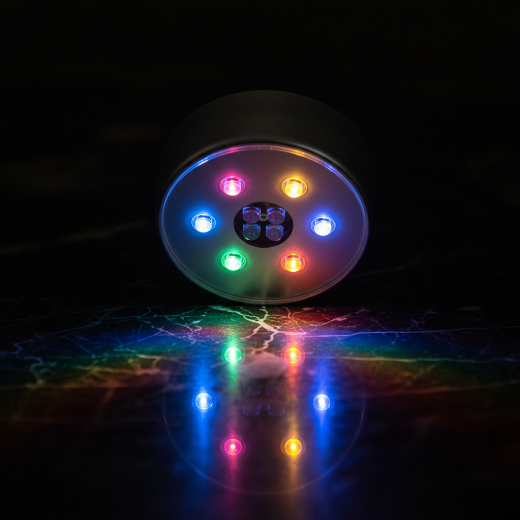 Macro close-up LED RGB con riflessi colorati
