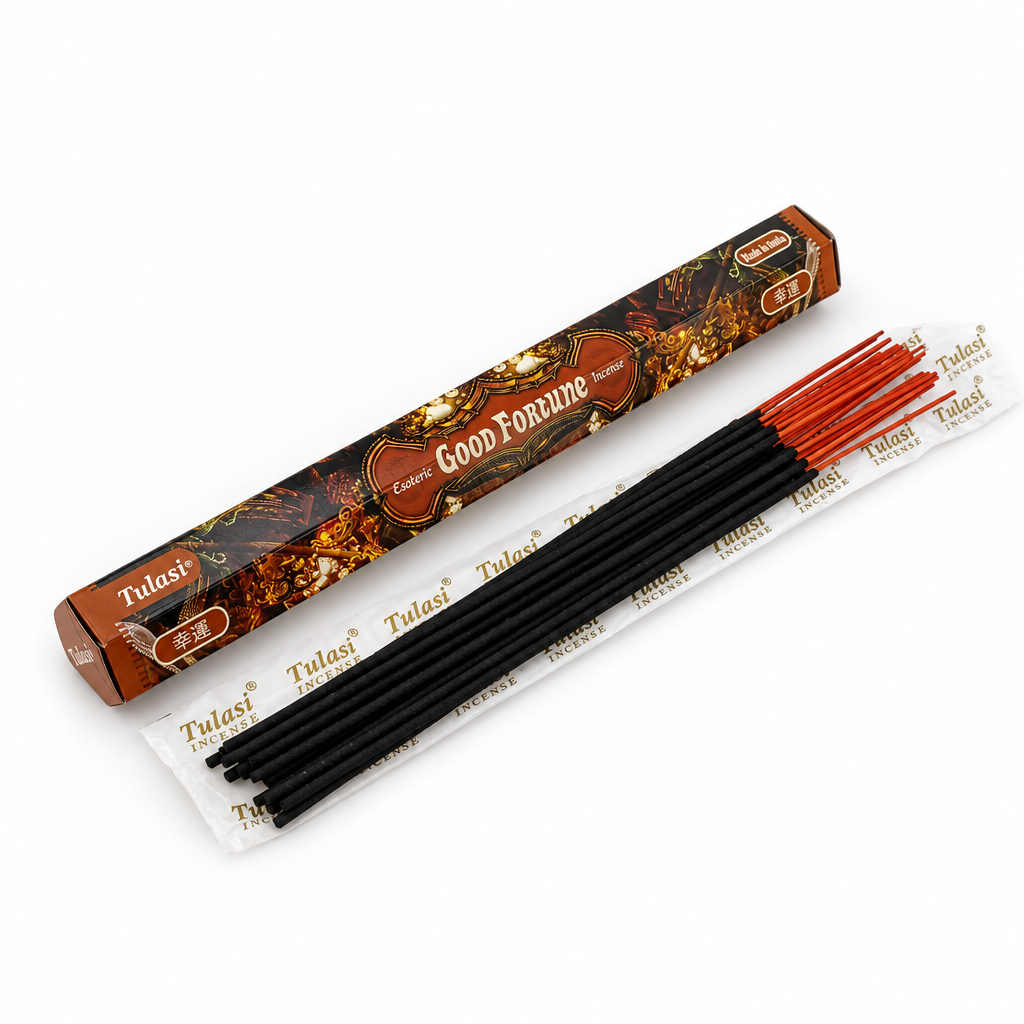 Incenso Tulasi Good Fortune con confezione marrone e bastoncini