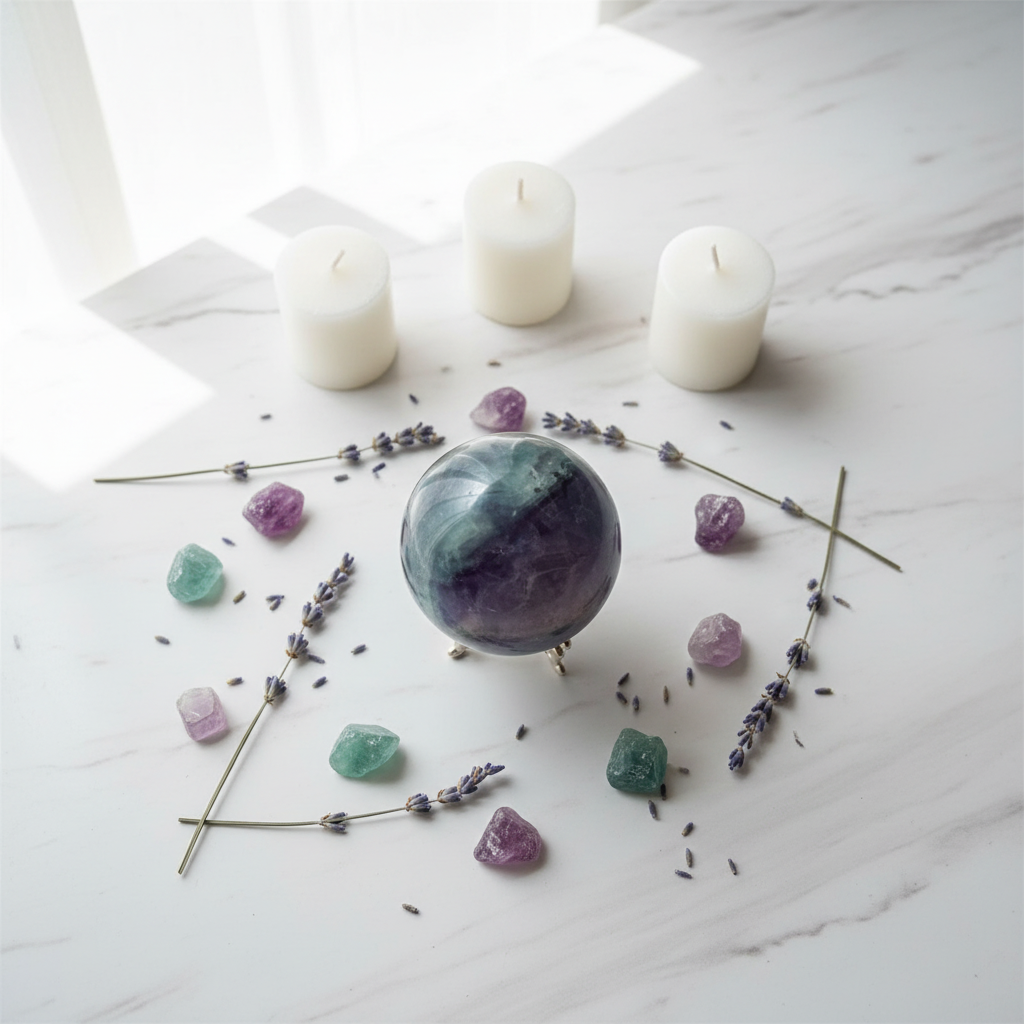 Sfera Fluorite Rainbow flat lay meditazione