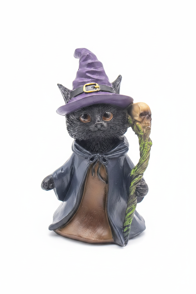 Statuina gatto strega - variante bastone teschio sfondo bianco