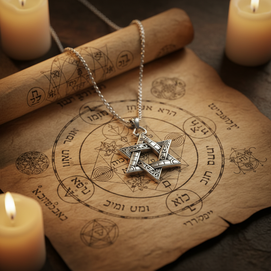 Collana Stella di David - pergamena con simboli cabalistici