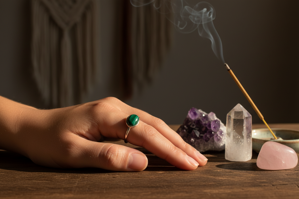 Anello malachite indossato - stile spirituale