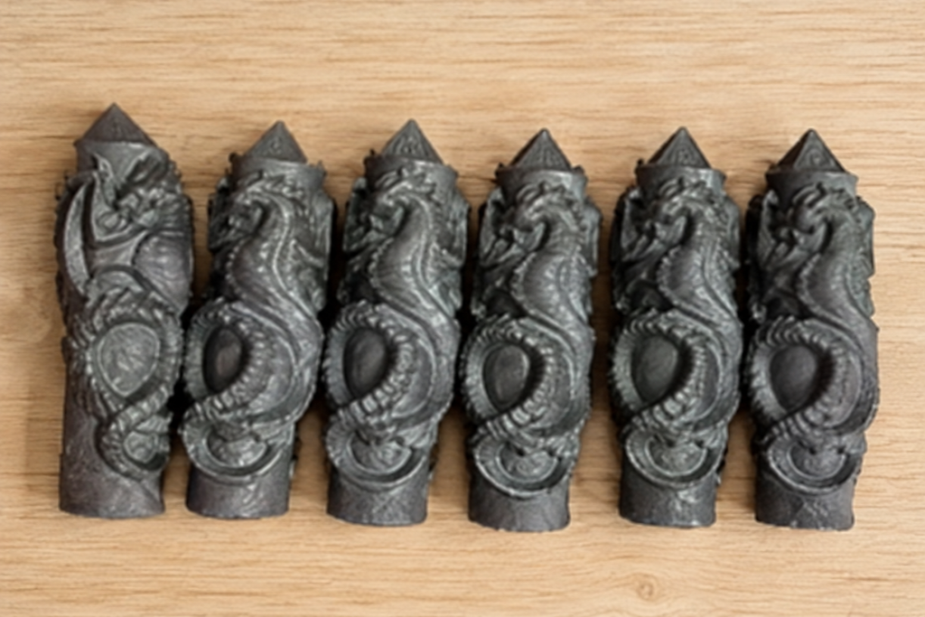 Obelischi di shungite con drago su legno chiaro