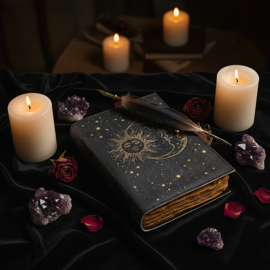 Grimorio Sole e Luna - flatlay velluto nero con cristalli e penna