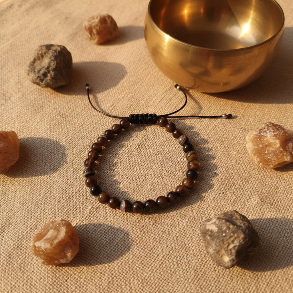 Bracciale agata bronzo su lino con ciotola in ottone