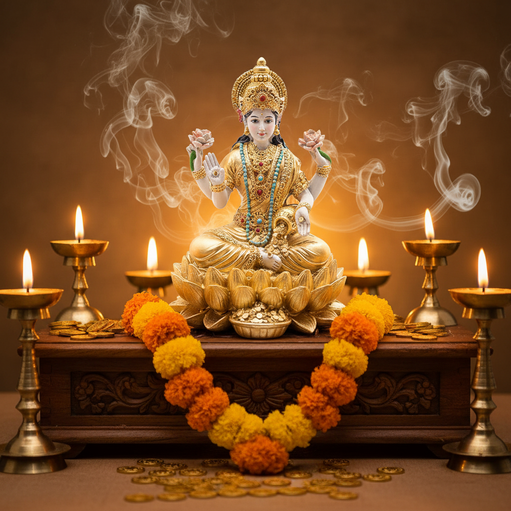 Statua Lakshmi su altare con candele e ghirlanda