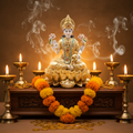 Statua Lakshmi su altare con candele e ghirlanda