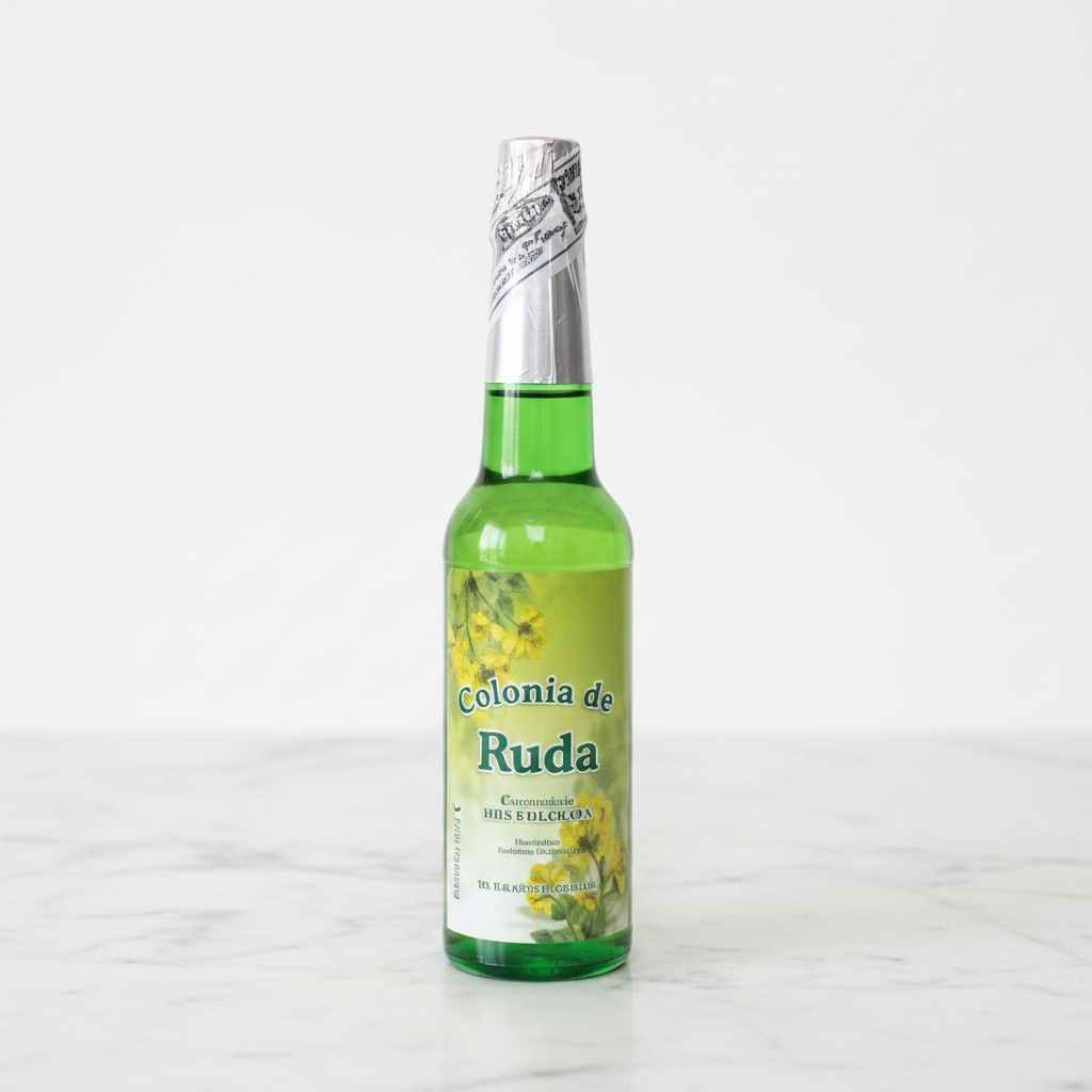 Colonia de Ruda bottiglia verde su marmo bianco, etichetta ben visibile