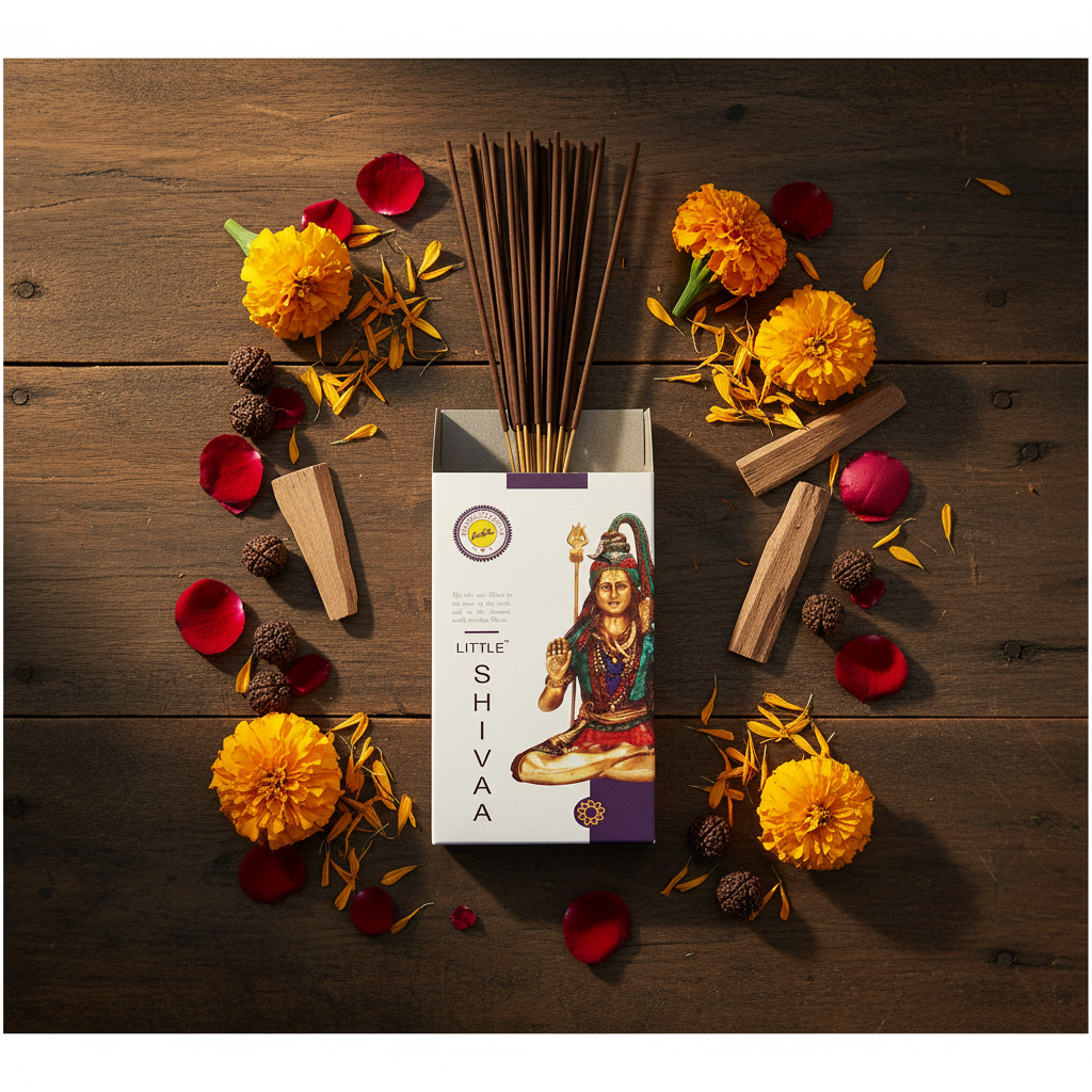 Incenso Little Shivaa flat lay con fiori e rudraksha
