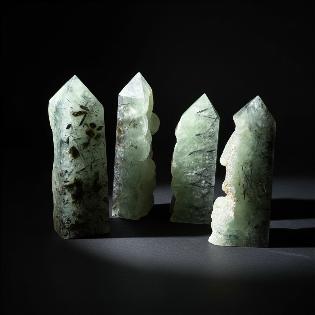 Torri di prehnite con tormalina nera su sfondo nero opaco