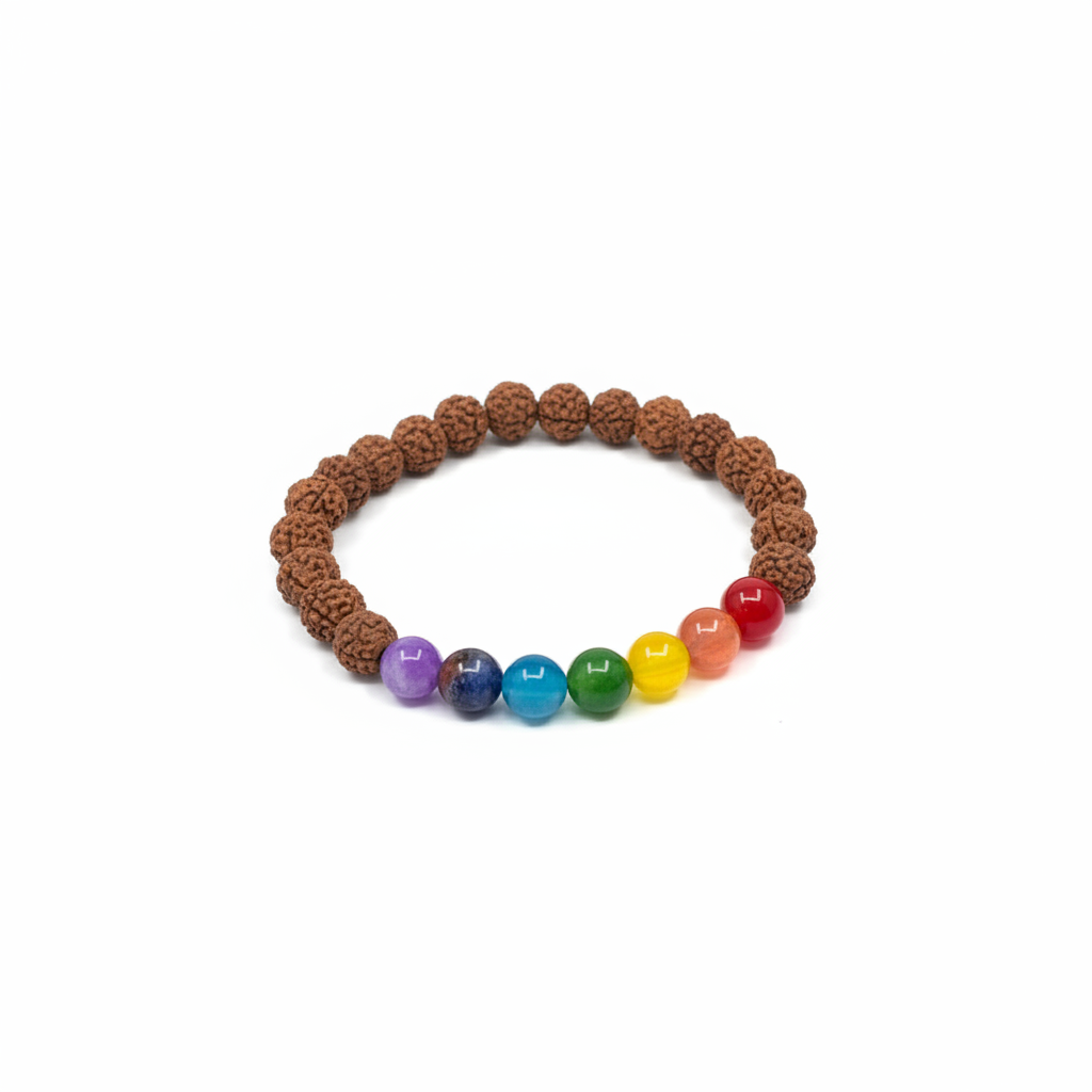 Bracciale Rudraksha 7 chakra su sfondo bianco