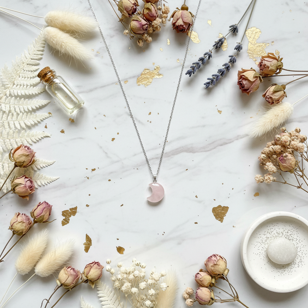 Collana Luna Quarzo Rosa - sfondo marmo luxury
