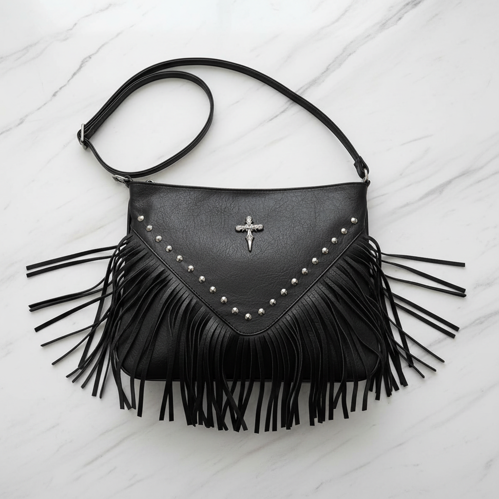 Borsa Ecopelle Frange Croce - flat lay su marmo bianco