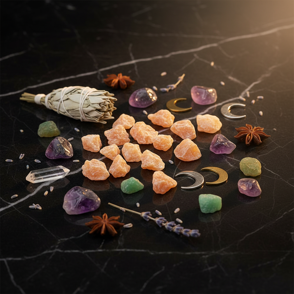 Calcite arancione grezza su marmo nero con cristalli e simboli lunari