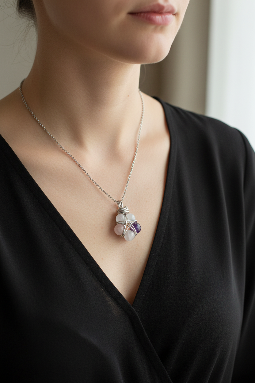 Collana pentacolo wire wrapping indossata su décolleté