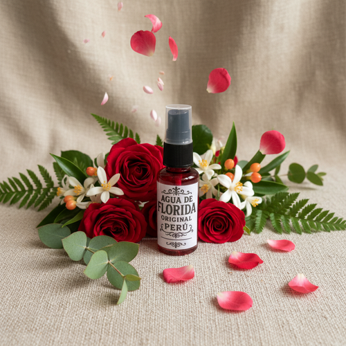 Rose rosse, fiori d'arancio e petali su lino naturale