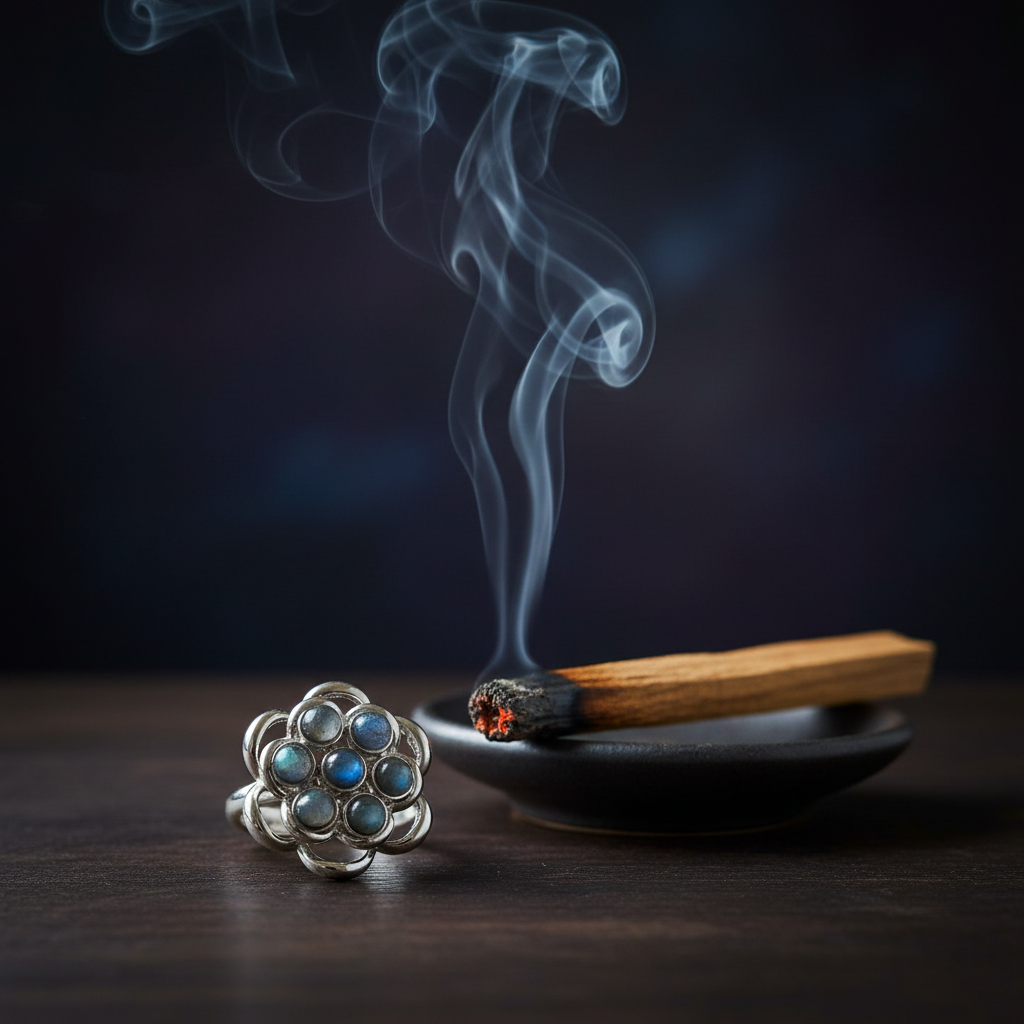 Anello labradorite fiore palo santo