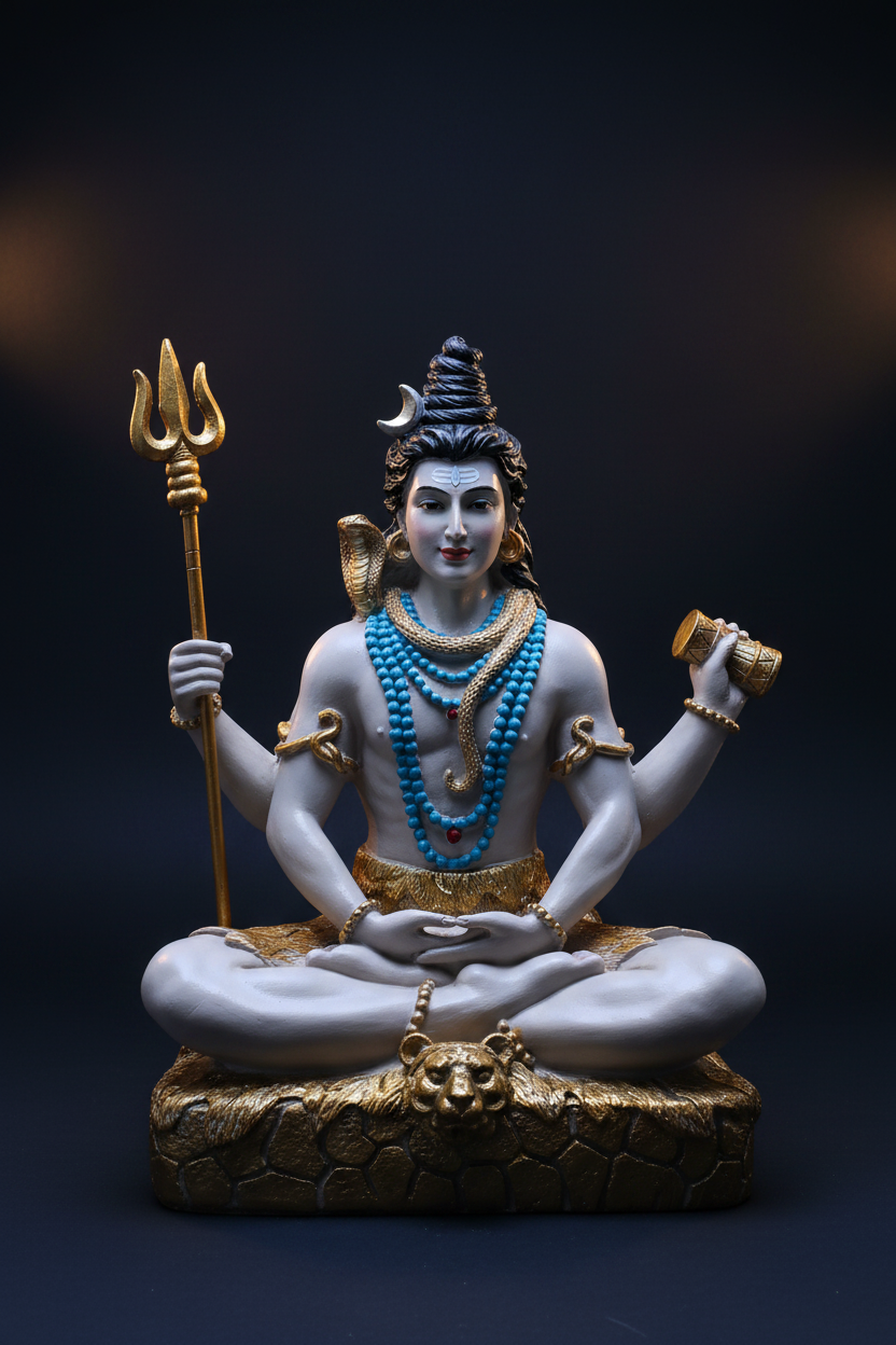 Statua Shiva meditazione full body verticale luce blu-dorata