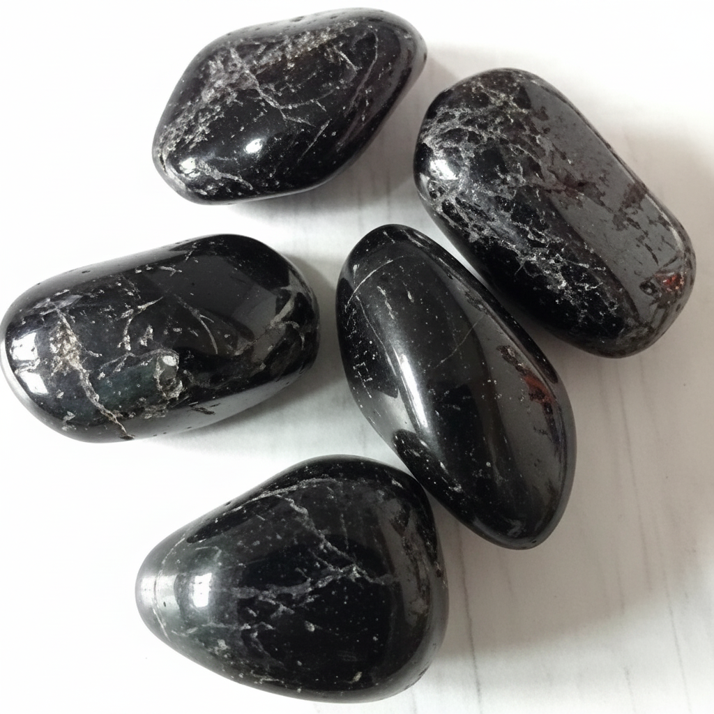 Tormalina nera burattata - flatlay su marmo
