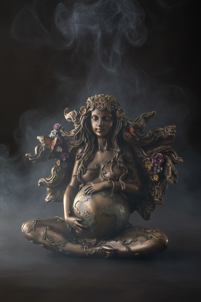 Statua Gaia sfondo scuro con incenso