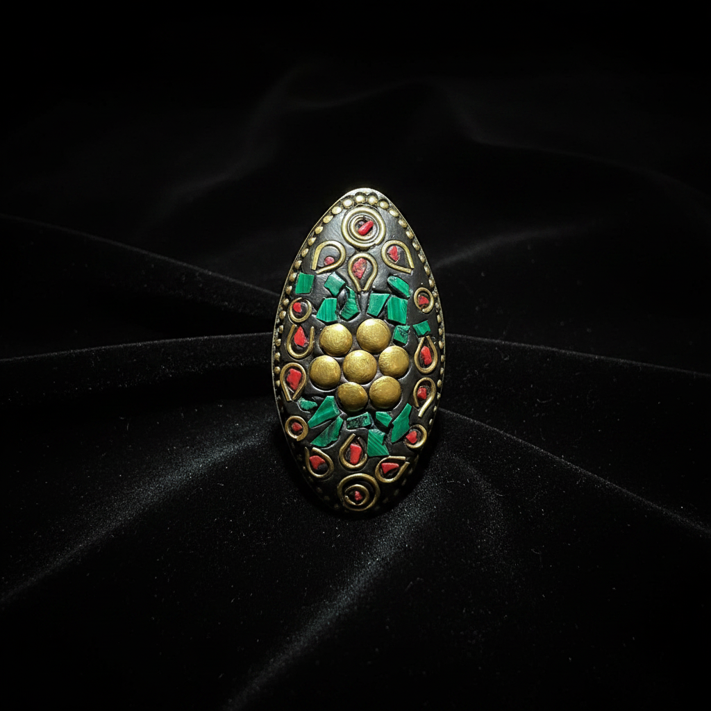 Anello fiore malachite corallo - dark velluto nero