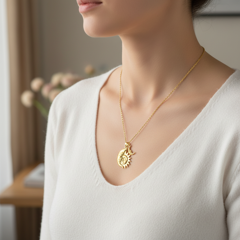 Collana Sole e Luna gold indossata al collo