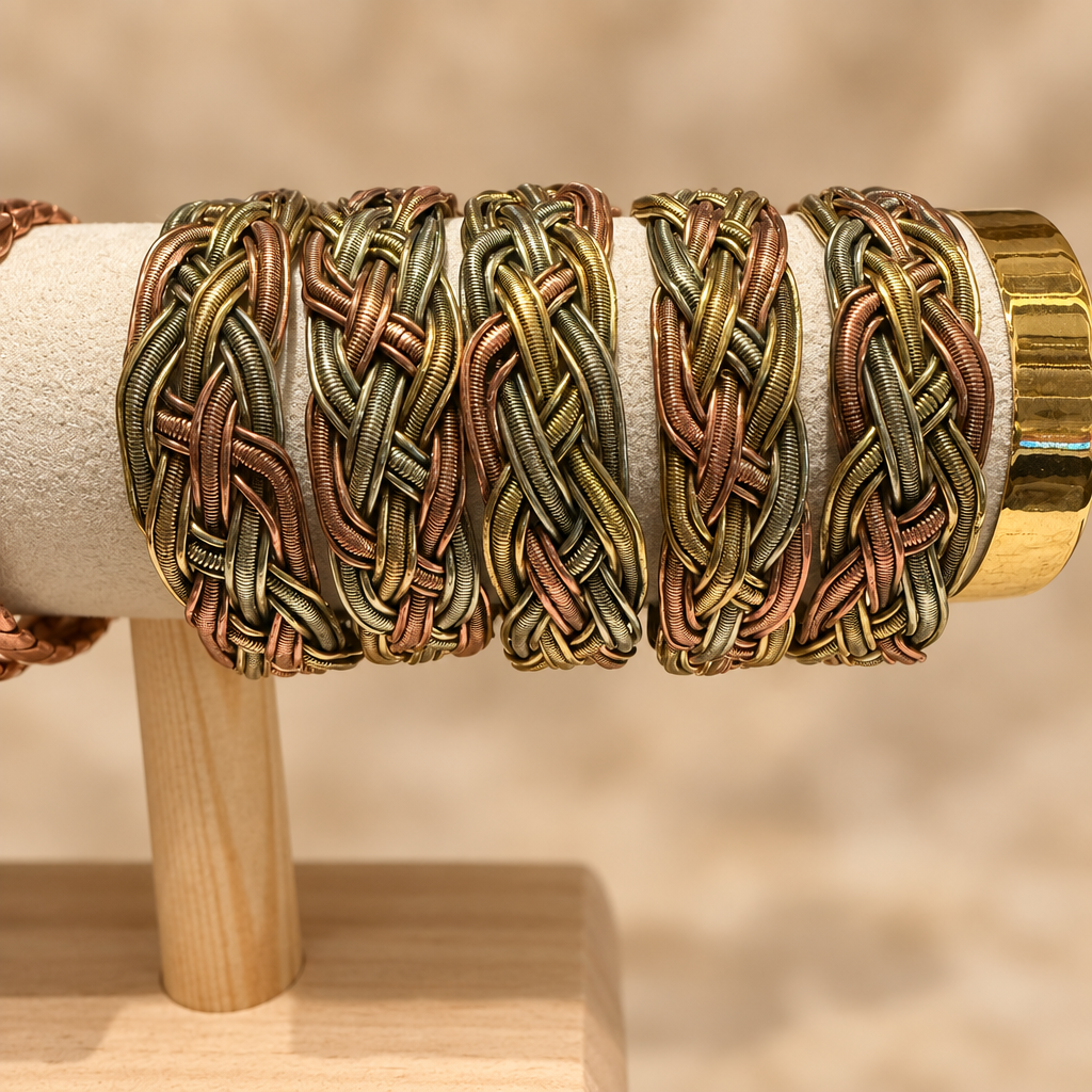Bracciali intrecciati sull’espositore, sfondo beige