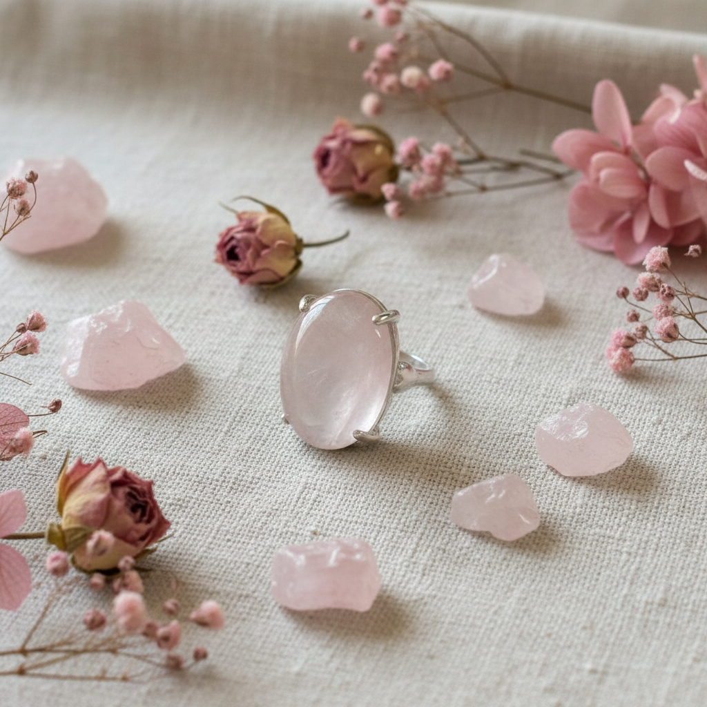 Anello quarzo rosa composizione fiori