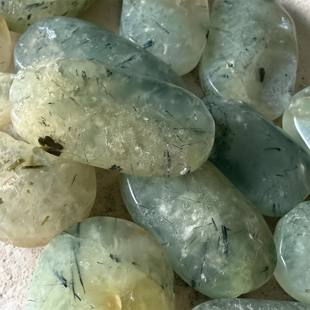 Palmstone prehnite con tormalina - macro close-up