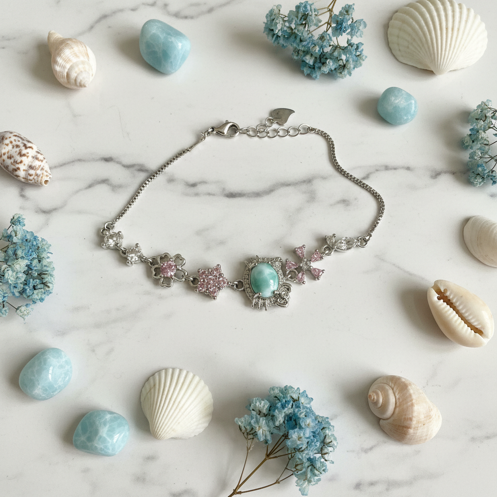 Bracciale Larimar flat lay marmo con fiori blu e conchiglie