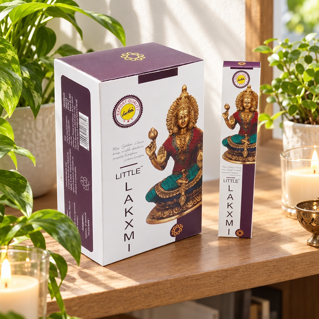 Incenso Lakshmi su mensola con piante e candele