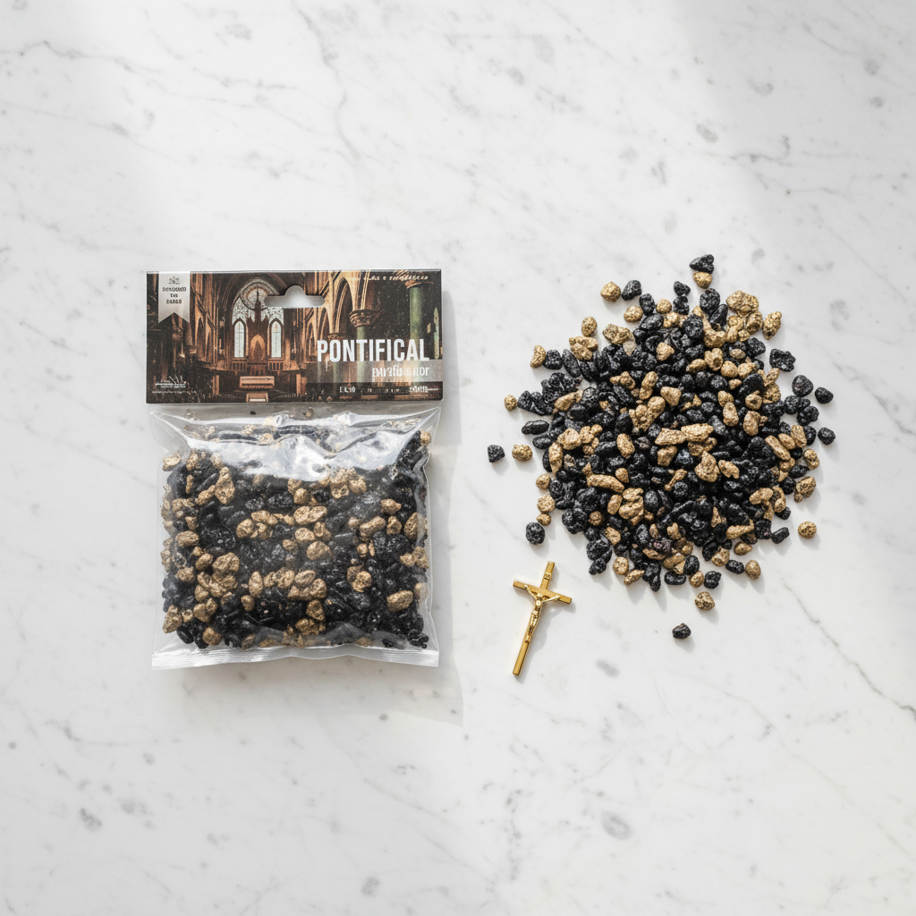 Granuli di incenso Pontificale flat lay su marmo con croce dorata