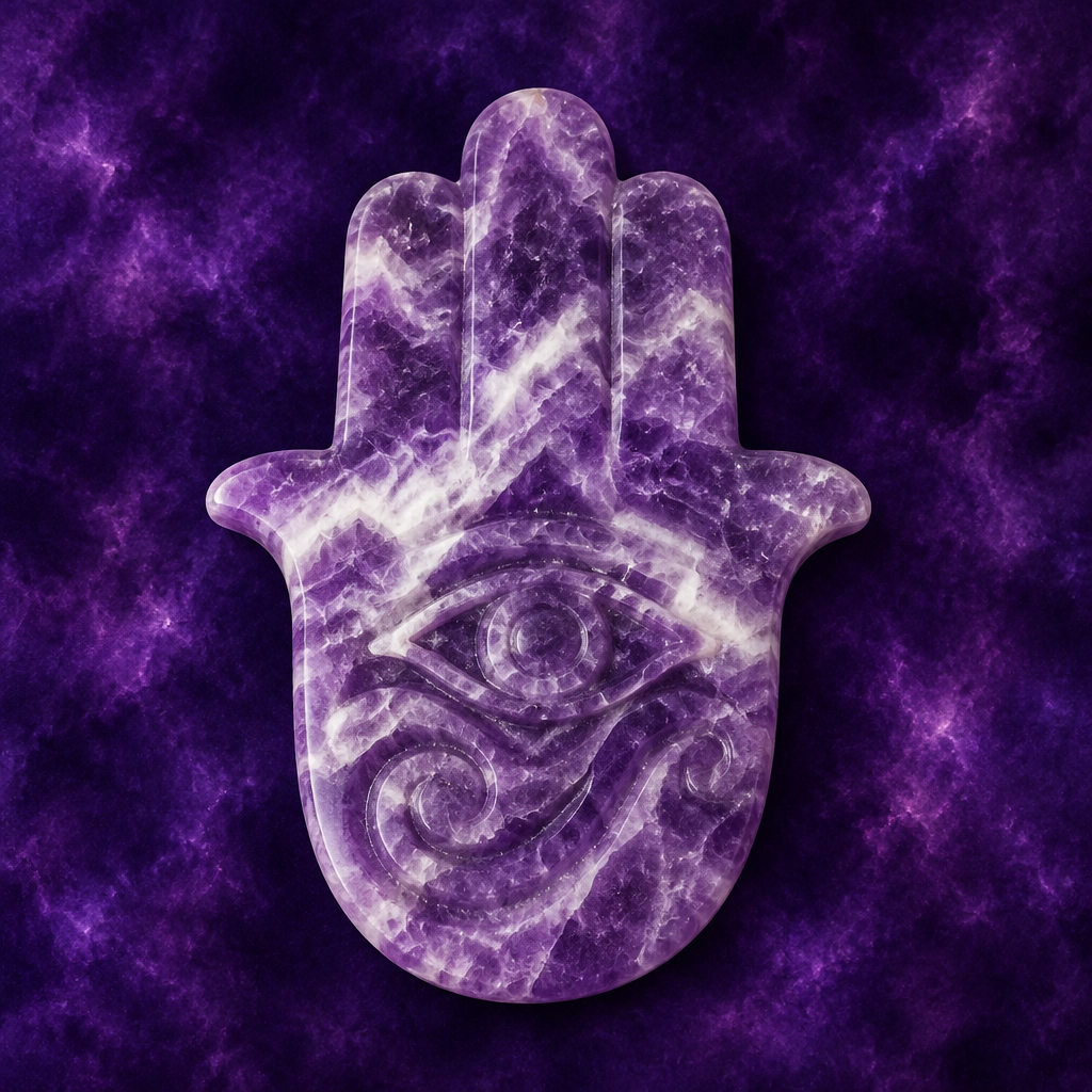 Mano di Fatima in ametista chevron viola e bianca