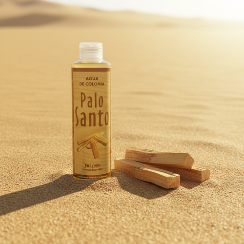 Bottiglia Agua de Colonia Palo Santo su sabbia dorata con legni di palo santo