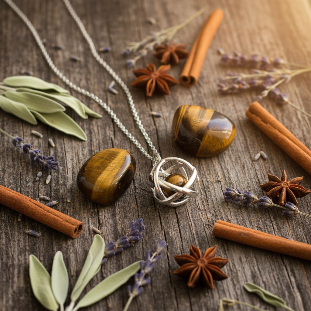 Collana Genesa Occhio di Tigre - sfondo legno rustico