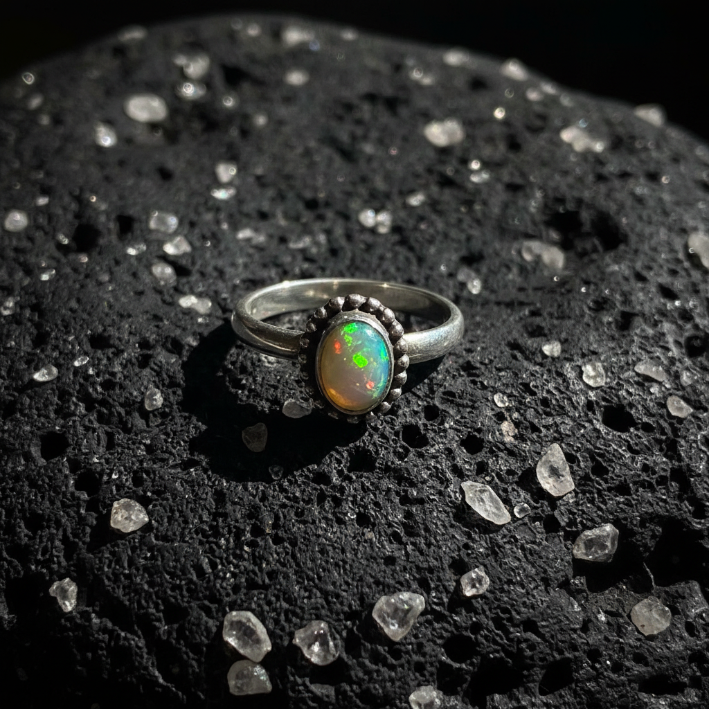 Anello Opale Arlecchino - Pietra vulcanica e cristalli