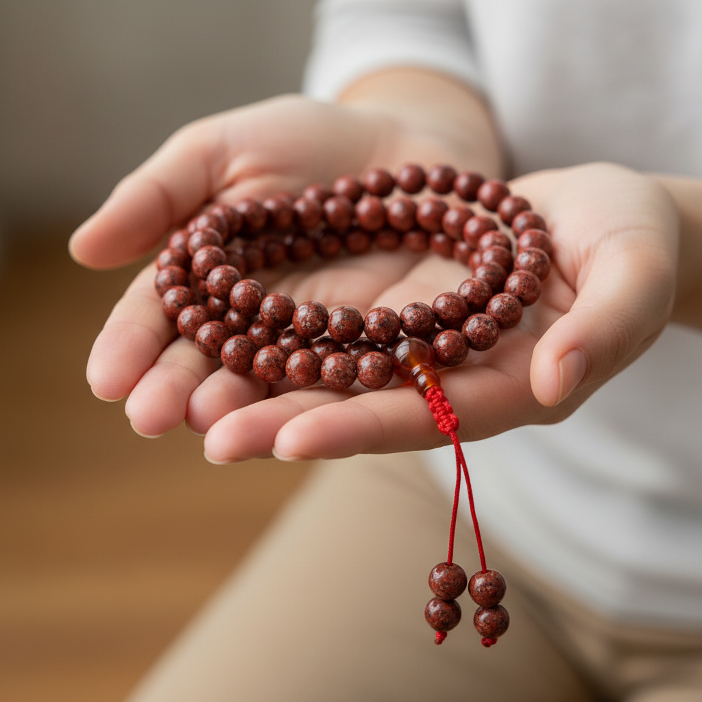 Mala diaspro rosso tenuta in mano