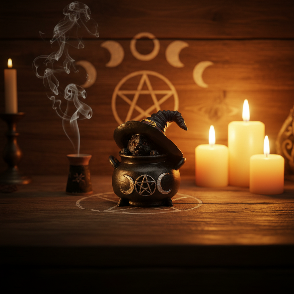 Statuina gatto Wicca con cappello nero su altare con pentacolo e incenso