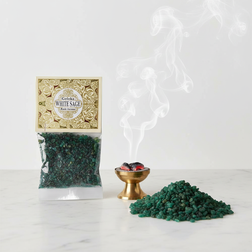 Resina salvia bianca Goloka - con bruciatore acceso e fumo purificante