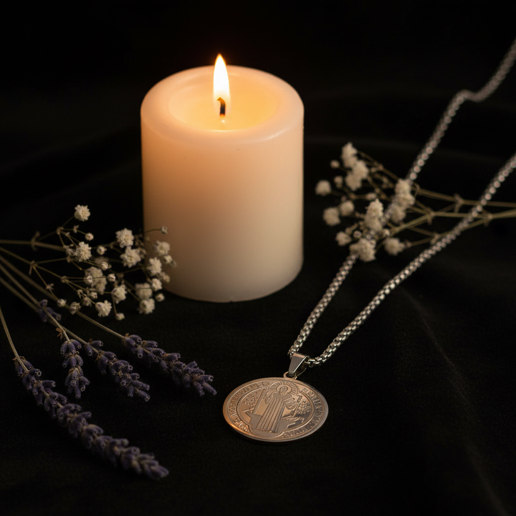 Collana San Benedetto su velluto scuro con candele