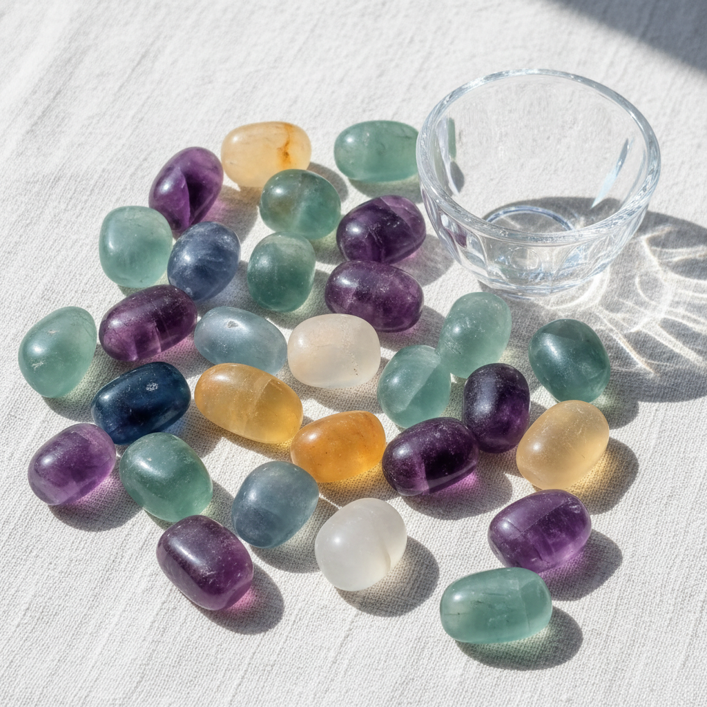 Fluorite arcobaleno lifestyle su lino