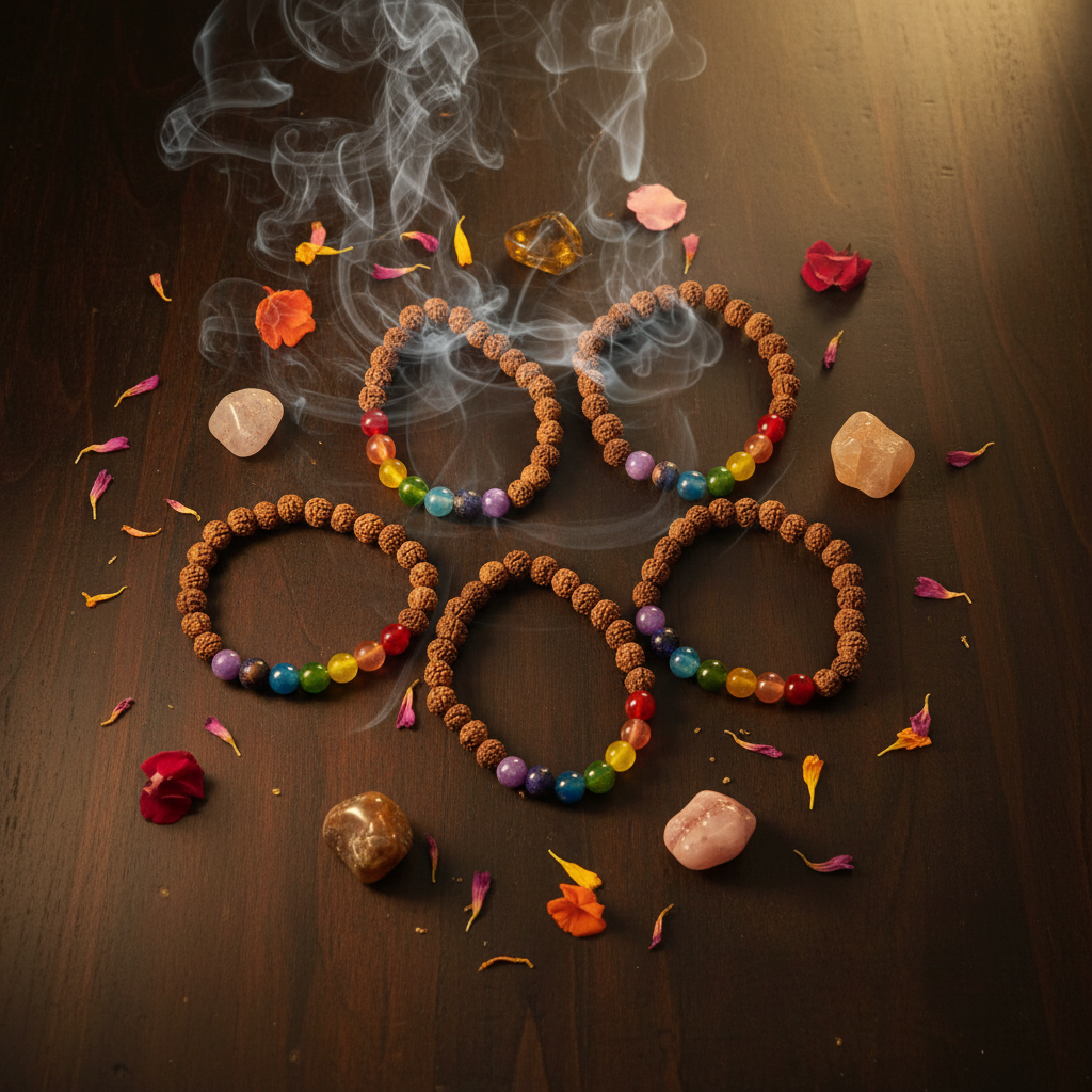 Cinque bracciali Rudraksha in cerchio con cristalli
