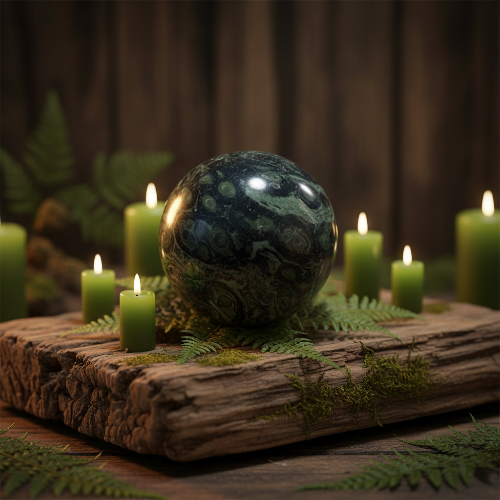 Sfera Kambaba su altare con candele verdi